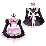 Handmade Sissy Maid Dress – Lockable Black & Pink Satin French Maid Costume [G2043]