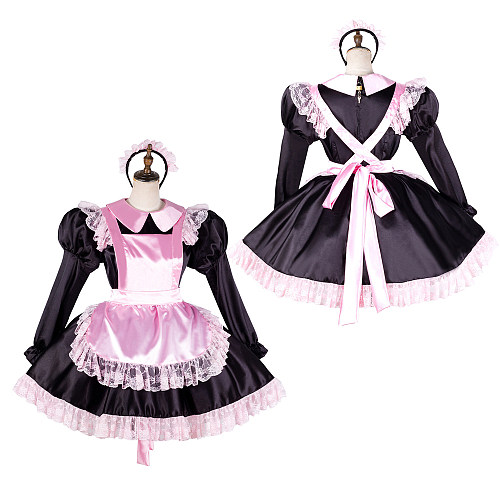 Handmade Sissy Maid Dress – Lockable Black & Pink Satin French Maid Costume [G2043]