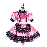 Fondcosplay Lockable Pink Satin & Black Lace Sissy Maid Crossdressing Dress [G2158]