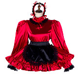 Lockable Red Satin Sissy Maid Dress with Black Apron [G2034]