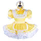 Handmade Sissy Maid Dress – Lockable Yellow & White Satin French Maid Costume with Optional Petticoat and Panties [G2053]