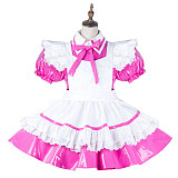 Fondcosplay Lockable Shiny Pink Thin PVC Sissy Maid Crossdressing Dress with White Ruffle Apron [G2139]