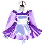 Lockable Sissy Maid Dress for Crossdressing – Lavender Satin with White Apron & Big Bow [G2036]