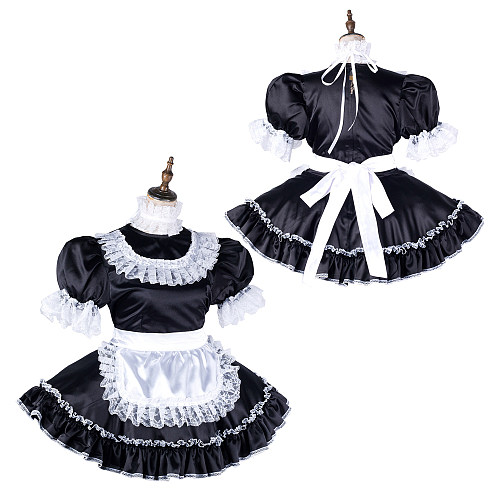 Handmade Sissy Maid Dress – Lockable Black & White Satin French Maid Costume [G2117]