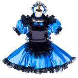 Handmade Sissy Maid Dress – Lockable Blue & Black Satin French Maid Costume [G2046]