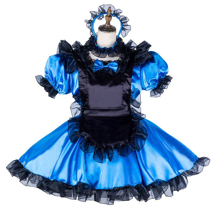 Handmade Sissy Maid Dress for Crossdressing  Lockable Blue & Black Satin  French Maid Costume [G2046]