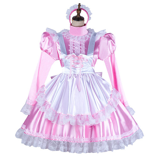 Handmade Sissy Maid Dress – Lockable Pink & White Satin French Maid Costume [G2052]
