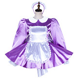 Lockable Sissy Maid Dress for Crossdressing – Lavender Satin with White Apron & Big Bow [G2036]