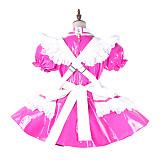 Fondcosplay Lockable Shiny Pink Thin PVC Sissy Maid Crossdressing Dress with White Ruffle Apron [G2139]