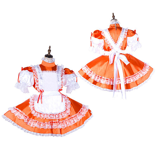 Handmade Sissy Maid Dress – Lockable Orange Satin French Maid Costume [G2038]