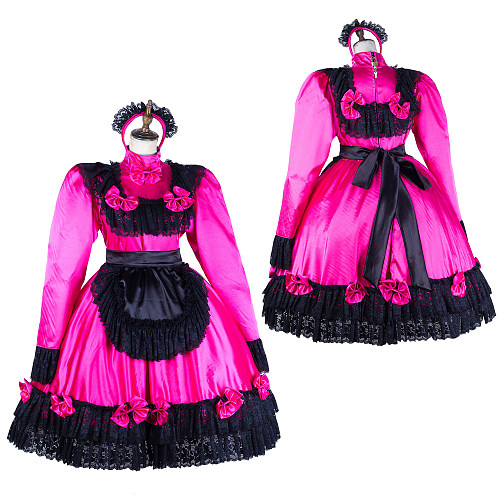 Handmade Sissy Maid Dress – Lockable Hot Pink & Black Satin French Maid Costume [G2050]