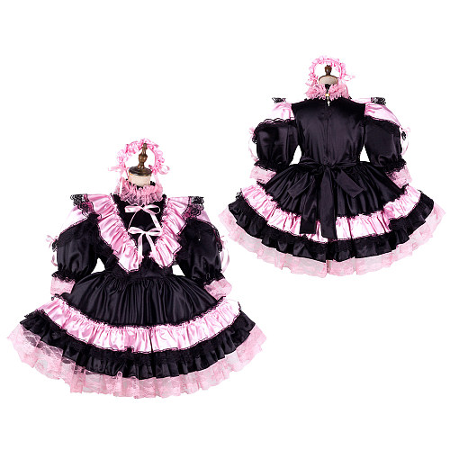 Fondcosplay Lockable Black Satin & Pink Ruffle Sissy Maid Crossdressing Dress [G2134]