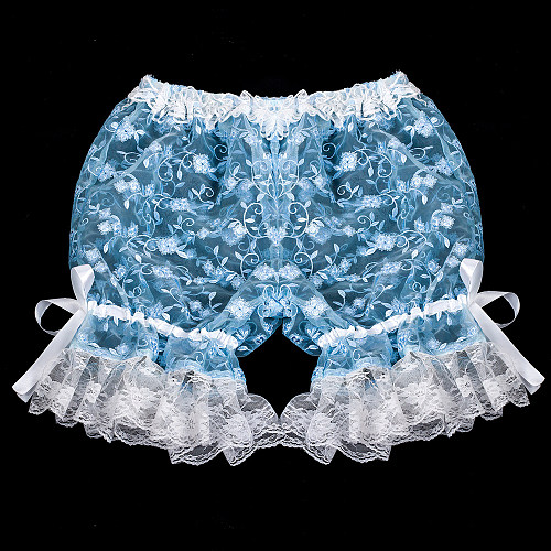 Handmade Sissy Lace Bloomers – Blue Sheer Lace Panties with White Ruffles [G2056]