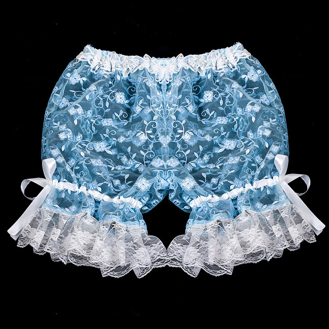 Handmade Sissy Lace Bloomers – Blue Sheer Lace Panties with White Ruffles [G2056]