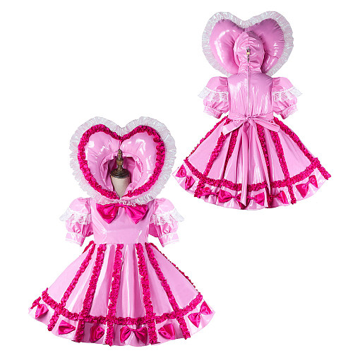 Fondcosplay Lockable Pink Thin PVC Sissy Maid Crossdressing Dress with Heart Hood [G2161]