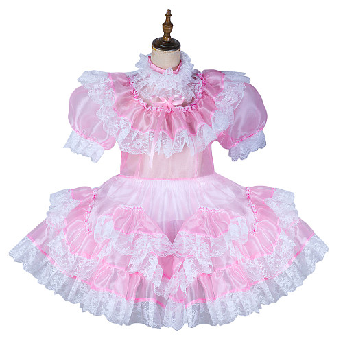 Fondcosplay Lockable Pink Organza Sissy Maid Crossdressing Dress with White Lace Ruffles [G2153]