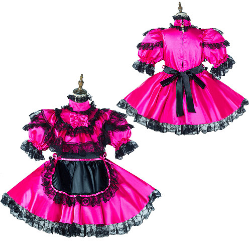 Fondcosplay Lockable Hot Pink Satin & Black Lace Sissy Maid Crossdressing Dress [G2147]