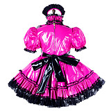 Fondcosplay Lockable Shiny Pink Thin PVC & Black Lace Sissy Maid Crossdressing Dress [G2135]