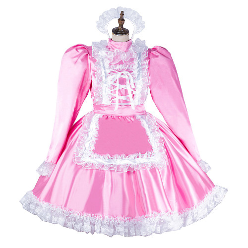 Handmade Sissy Maid Dress – Lockable Pink & White Satin French Maid Costume [G2051]