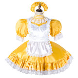 Fondcosplay Lockable Yellow Satin Sissy Maid Crossdressing Dress with White Lace Apron [G2148]