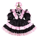 Fondcosplay Lockable Black Satin & Pink Ruffle Sissy Maid Crossdressing Dress [G2134]