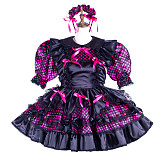 Fondcosplay Lockable Black Satin & Purple Polka Dot Sissy Maid Crossdressing Dress [G2132]