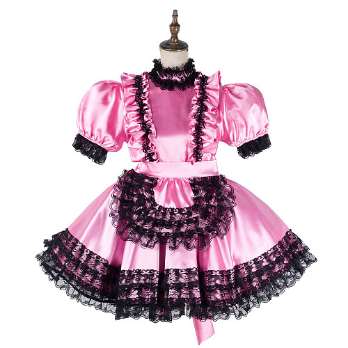 Fondcosplay Lockable Pink Satin & Black Lace Sissy Maid Crossdressing Dress [G2158]