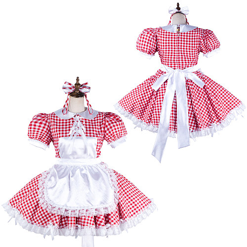 Lockable Handmade Red Gingham Cotton Sissy Maid Dress – Crossdressing Outfit [G2128]