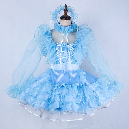 Handmade Sissy Maid Dress – Lockable Blue Satin & Organza French Maid Costume [G2044]