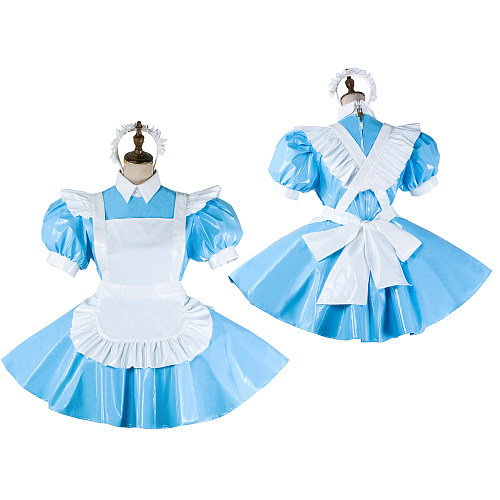 Handmade Sissy Maid Dress – Lockable Blue & White PVC French Maid Costume [G2065]