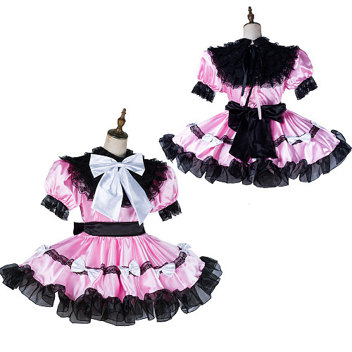 Handmade Sissy Maid Dress – Lockable Pink Satin with Black Lace & White Bows [G2124]