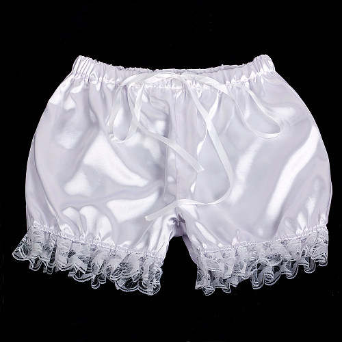 Handmade Sissy Satin Bloomers – White Satin Frilly Shorts with Lace Trim [G2058]
