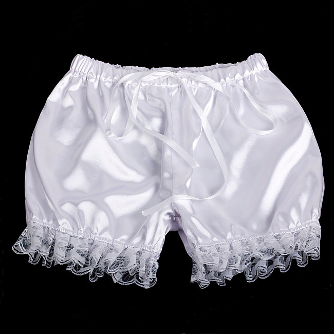 Handmade Sissy Satin Bloomers – White Satin Frilly Shorts with Lace Trim [G2058]
