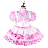 Fondcosplay Lockable Pink Thin PVC Sissy Maid Crossdressing Dress with White Ruffle Apron [G2149]