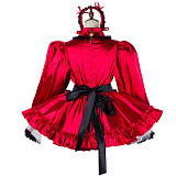 Lockable Red Satin Sissy Maid Dress with Black Apron [G2034]