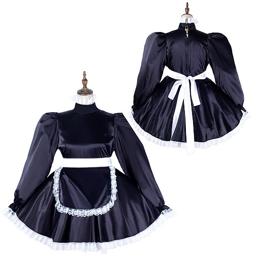 Fondcosplay Lockable Black Satin Classic French Sissy Maid Crossdressing Dress [G2133]
