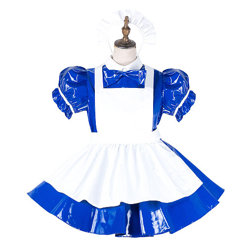 Fondcosplay Lockable Heavy PVC Blue Sissy Maid Crossdressing Dress with White Apron [G2140]