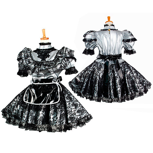 Handmade Sissy Maid Dress – Lockable Silver & Black Heavy PVC French Maid Costume [G2066]