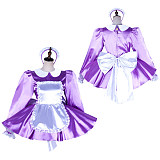 Lockable Sissy Maid Dress for Crossdressing – Lavender Satin with White Apron & Big Bow [G2036]
