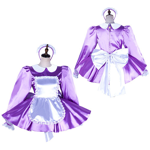 Lockable Sissy Maid Dress for Crossdressing – Lavender Satin with White Apron & Big Bow [G2036]