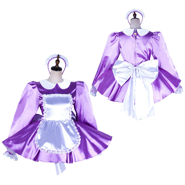 Lockable Sissy Maid Dress for Crossdressing – Lavender Satin with White Apron & Big Bow [G2036]