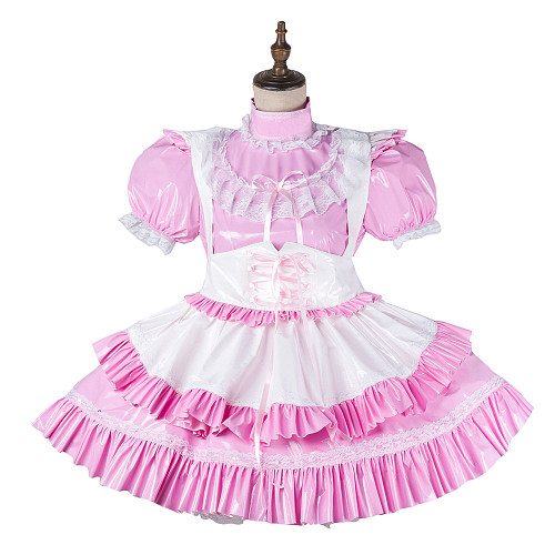 Fondcosplay Lockable Pink Thin PVC Sissy Maid Crossdressing Dress with White Ruffle Apron [G2149]