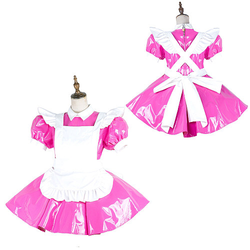 Fondcosplay Lockable Shiny Pink Thin PVC Sissy Maid Crossdressing Dress with White Apron [G2138]