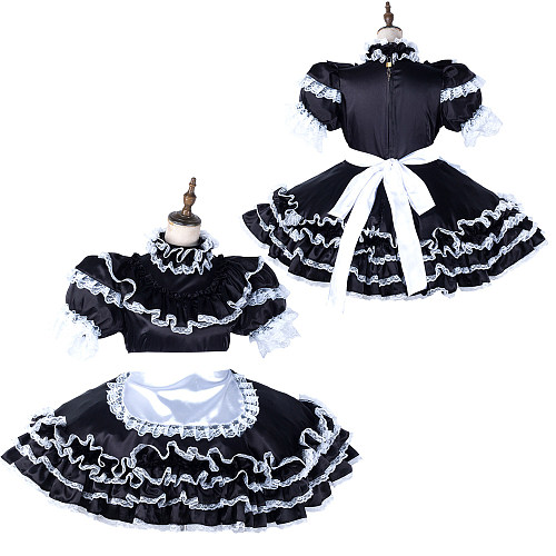 Handmade Sissy Maid Dress – Lockable Black & White Satin French Maid Costume [G2123]