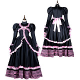 Fondcosplay Lockable Black Satin Long Sissy Maid Crossdressing Dress with Pink Lace [G2155]