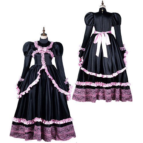 Fondcosplay Lockable Black Satin Long Sissy Maid Crossdressing Dress with Pink Lace [G2155]