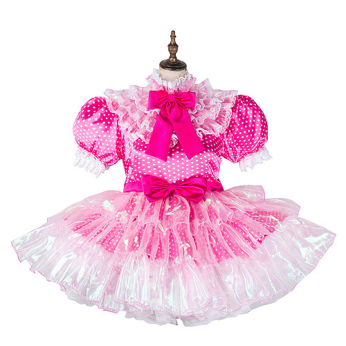 Lockable Handmade Pink Satin Polka Dot Sissy Maid Dress – Frilly Crossdressing Outfit [G2126]