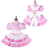 Fondcosplay Lockable Pink Thin PVC Sissy Maid Crossdressing Dress with White Ruffle Apron [G2149]