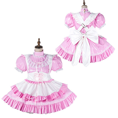 Fondcosplay Lockable Pink Thin PVC Sissy Maid Crossdressing Dress with White Ruffle Apron [G2149]