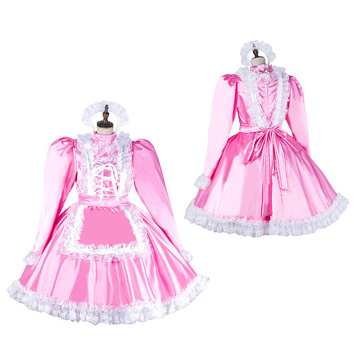 Handmade Sissy Maid Dress – Lockable Pink & White Satin French Maid Costume [G2051]